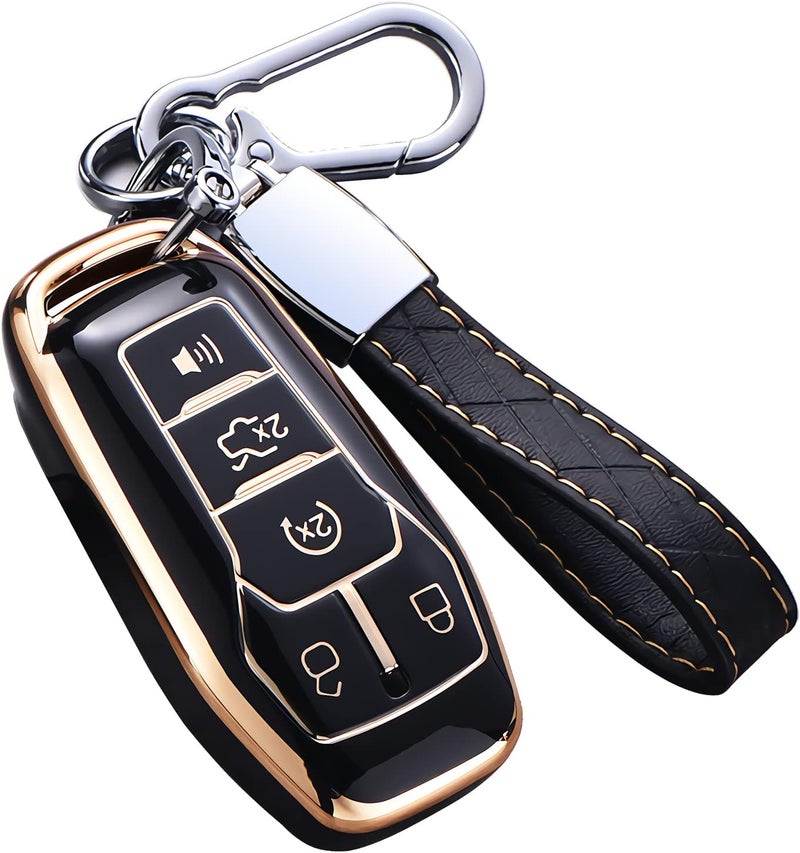 Cacacar for Ford Key Fob Cover with Keychain, Premium Soft TPU Full Protection Key Fob Case for Ford Fusion Mustang F150 Edge Explorer Lincoln MKZ MKC MKX Smart Remote Key Protector (Size B-Black) - Image 1